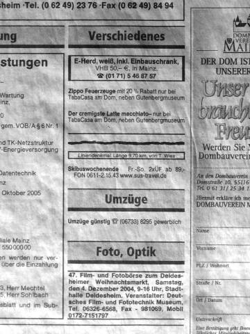 Ausschnitt aus der Zeitung mit Liniendenkmal